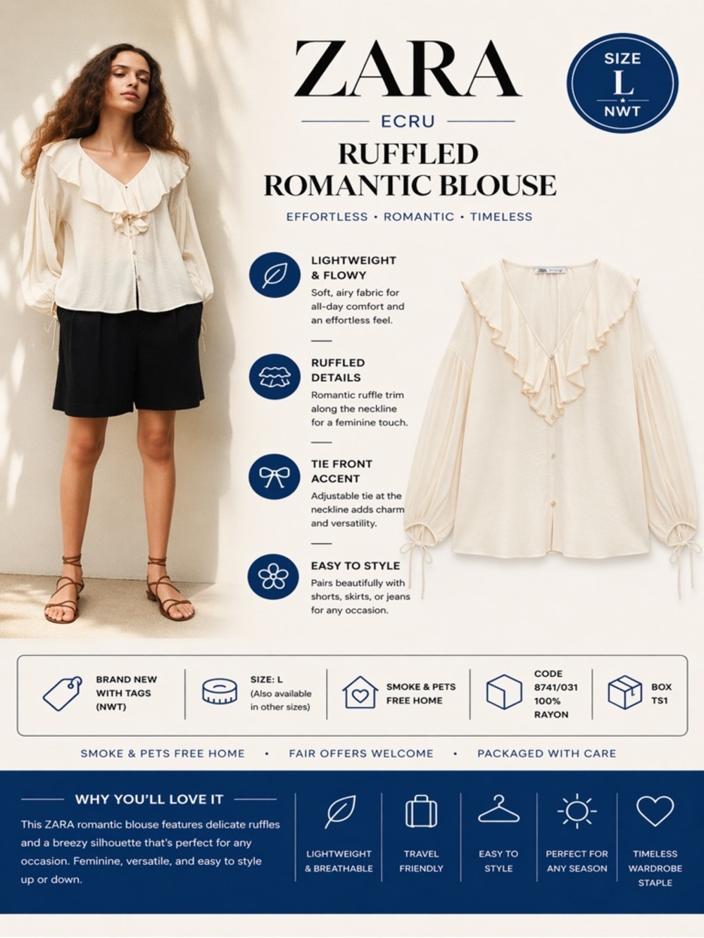 ZARA Ecru Ruffle Blouse Tie Front Romantic Boho Top NWT L